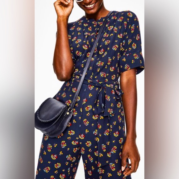 Boden Short Sleeve Emmeline Button Front Floral Union Suit Jumpsuit w Red Belt - Picture 4 of 9